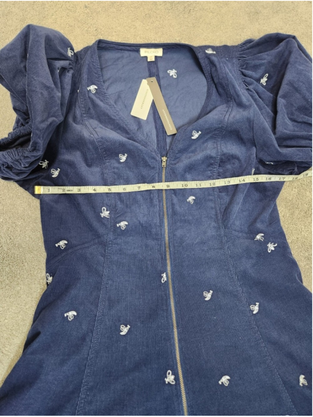 Pilcro Anthropologie Corduroy Blue Dress Puff Sleeve Embroidered Bees Sz M Cute - Picture 8 of 12